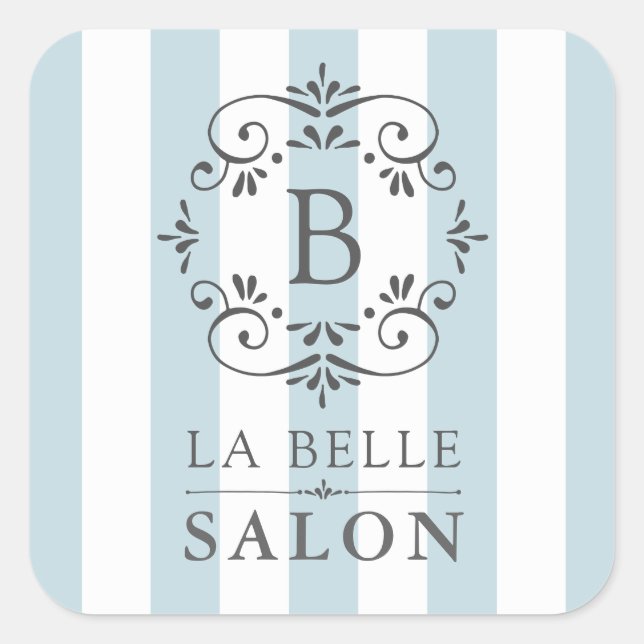 French Blue Awning Stripes with Monogram Square Sticker (Front)