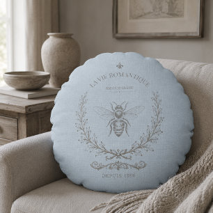 French Blue Bee Engraving French Country Rustic Round Pillow