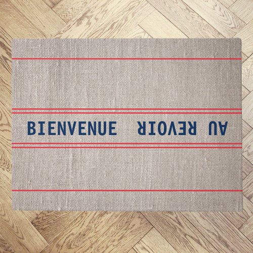 French Blue Bienvenue Au Revoir  Red Striped Doormat