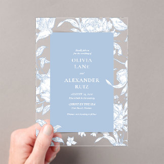 French Blue Bird Botanical Floral Wedding Acrylic Invitations