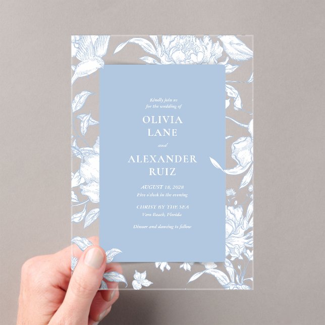 French Blue Bird Botanical Floral Wedding Acrylic Invitations (Insitu (Handheld))