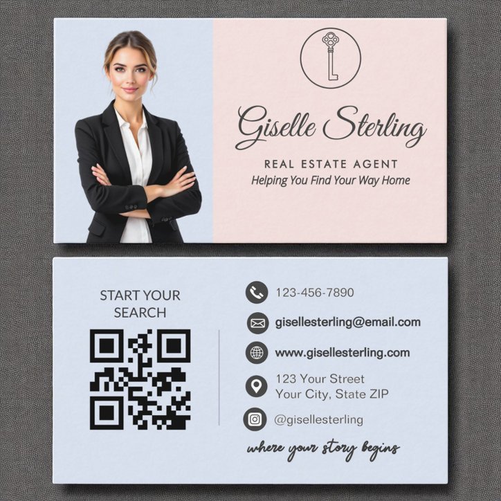 French Blue Blush Photo Real Estate Agent QR Code Business Card