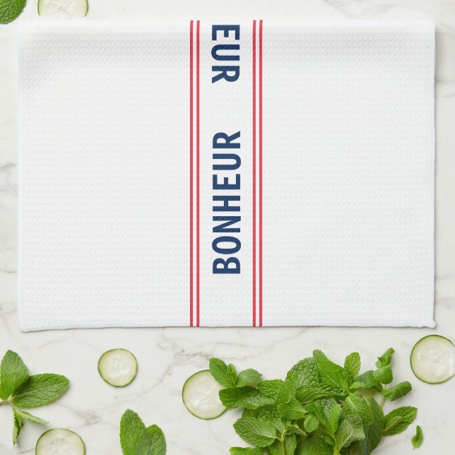 French Blue Bonheur & Red Striped Kitchen  Towel (Folded)