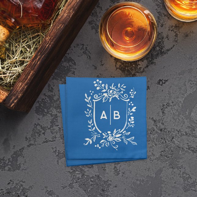 French Blue Botanical Crest Couple Monogram  Cloth Napkin (Creator Uploaded)