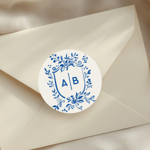 French Blue Botanical Crest Wedding Monogram Classic Round Sticker