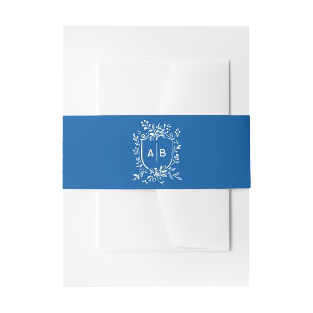 French Blue Botanical Crest Wedding Monogram Invitation Belly Band (Front Example)