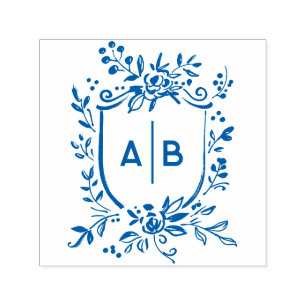 French Blue Botanical Crest Wedding Monogram Self-inking Stamp