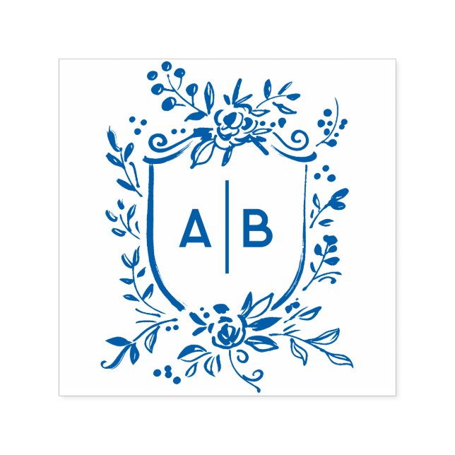 French Blue Botanical Crest Wedding Monogram Self-inking Stamp (Design)