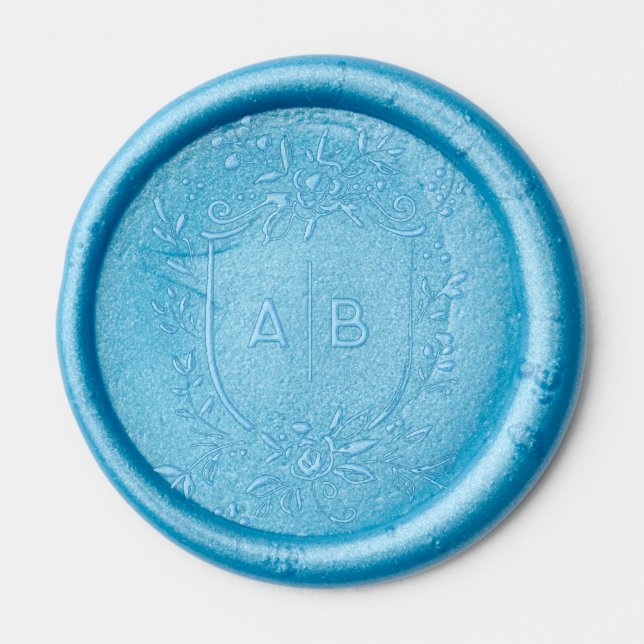 French Blue Botanical Crest Wedding Monogram Wax Seal Sticker (Front)