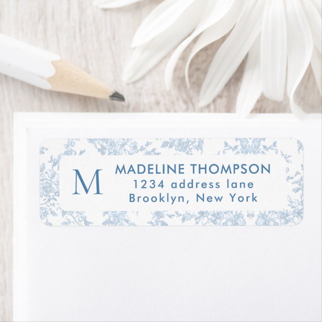 French Blue Botanical Toile Monogram Address Label (Insitu)