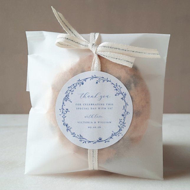 French Blue Botanical Wreath Wedding Favor Classic Round Sticker (Creator Uploaded)