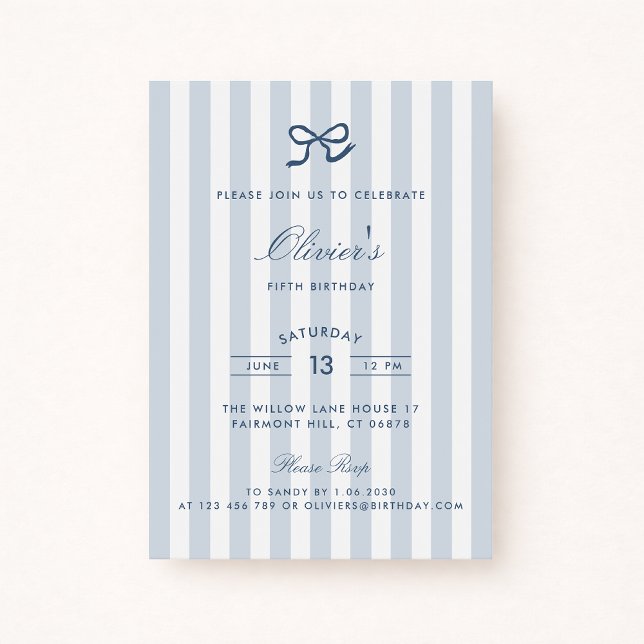 French Blue Bow & Stripes Boy Birthday Invitation (Creator Uploaded)