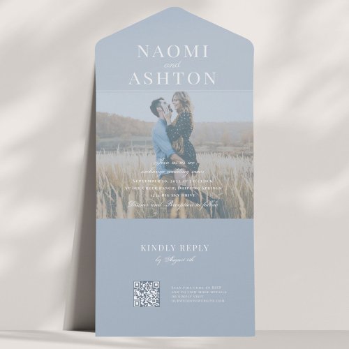 French Blue  Brushed Overlay Wedding All In One Invitation