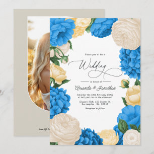 French Blue/Buttercream & Soft Gold Floral Wedding Invitation