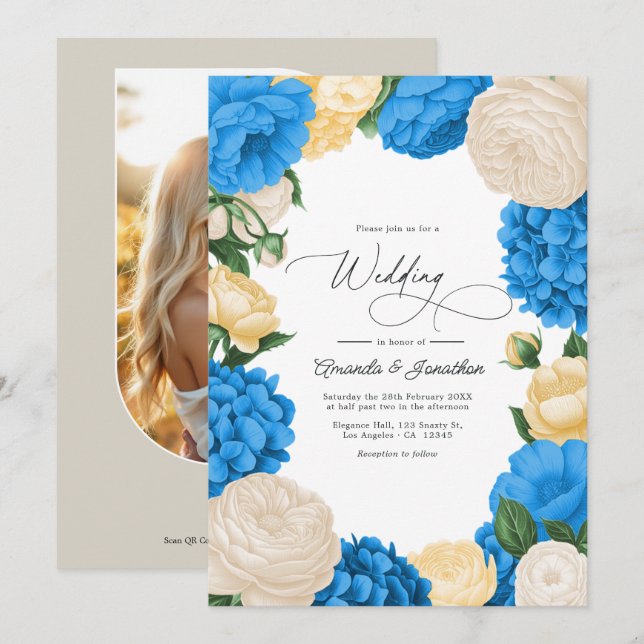 French Blue/Buttercream & Soft Gold Floral Wedding Invitation (Front/Back)