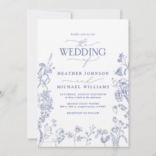 French Blue Chinoiserie Floral Wedding Invitation