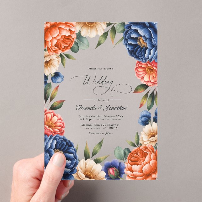 French Blue, Coral, and Sand Beige Floral Wedding Acrylic Invitations (Insitu (Handheld))