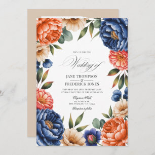 French Blue, Coral, and Sand Beige Floral Wedding Invitation