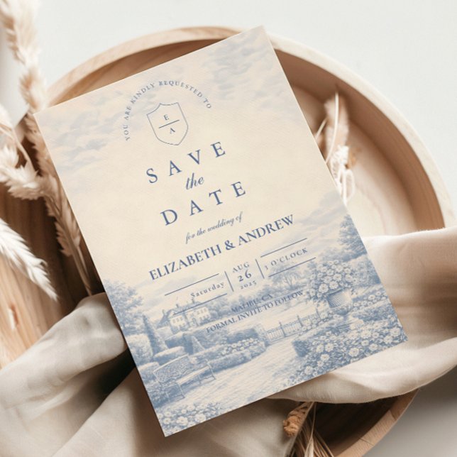 French Blue Countryside Toile Wedding Save The Date (Creator Uploaded)