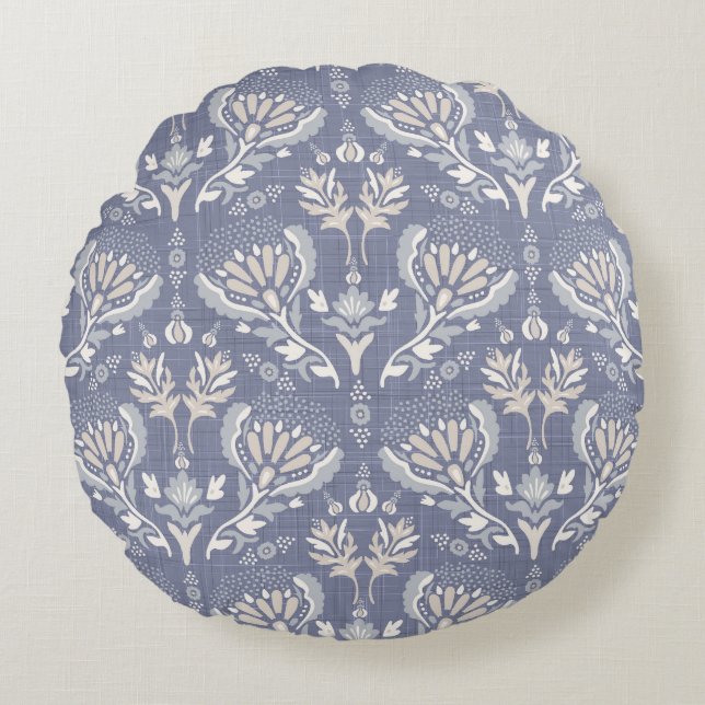 French blue damask, shabby chic. round pillow (Front)