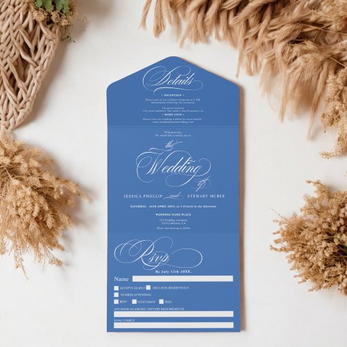 French blue elegant script calligraphy wedding all in one invitation