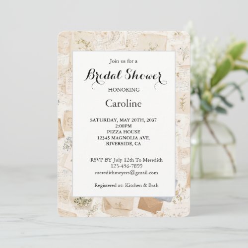 French Blue Envelope Heart Floral Bridal Shower Invitation