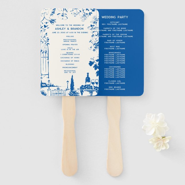 French Blue European Garden Wedding Program Hand Fan (Front and Back)