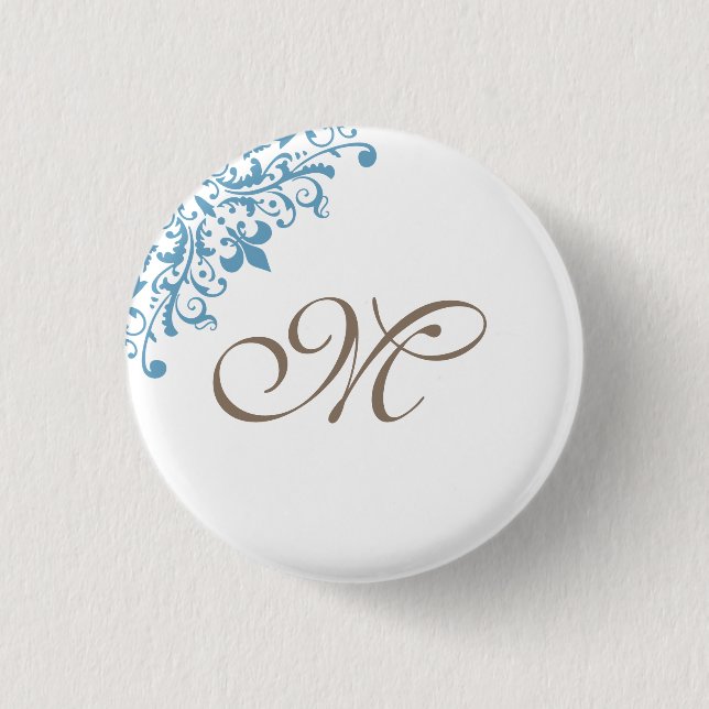 French Blue Fleur de Lis Initial Script Monogram Button (Front)