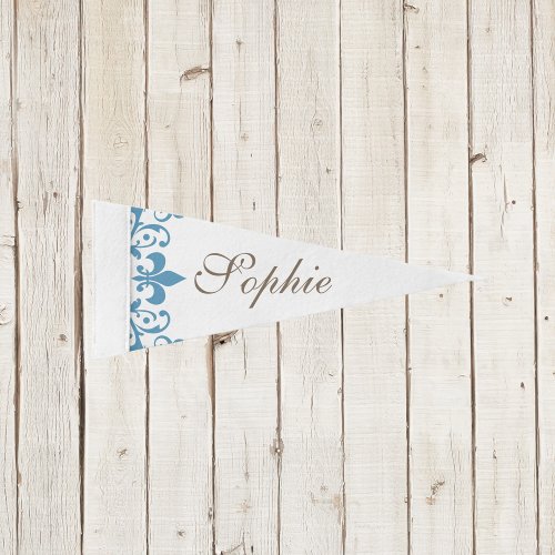 French Blue Fleur de Lis Initial Script Monogram Pennant Flag