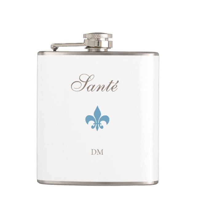 French Blue Fleur de Lis Santé Monogram Wedding  Flask (Front)