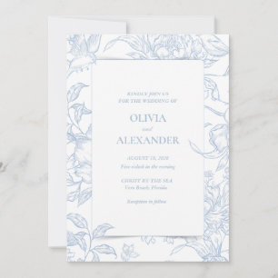 French Blue Floral Bird Botanical Wedding Invitation
