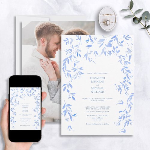 French Blue Floral Botanical Photo Wedding  Invitation