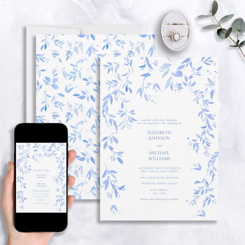 French Blue Floral Botanical Wedding Invitation