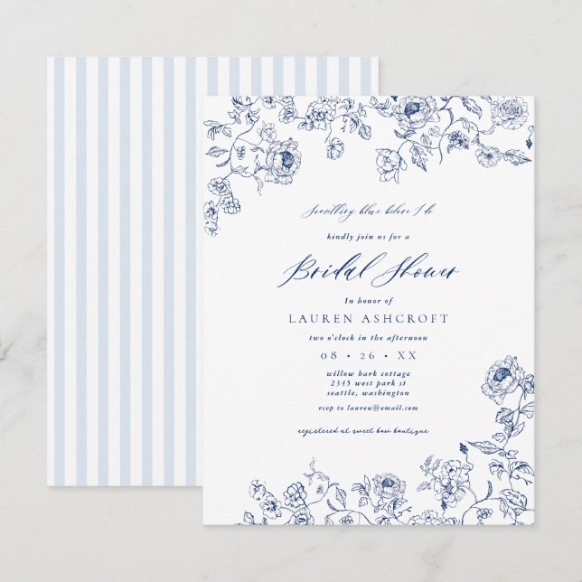 French Blue Floral Bridal Shower Party invitation (Front/Back)