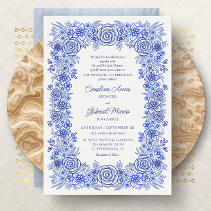 French Blue Floral Chinoiserie Wedding Invitation