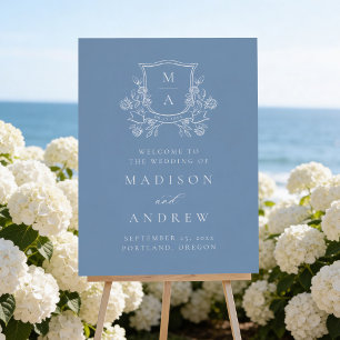 French Blue Floral Crest Wedding Welcome Sign