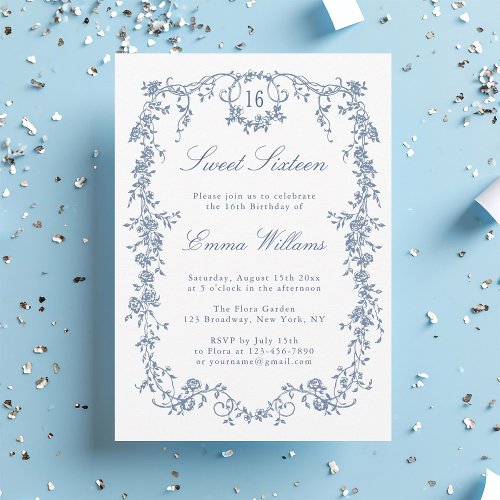 French Blue Floral Frame Sweet 16 Birthday Party  Invitation