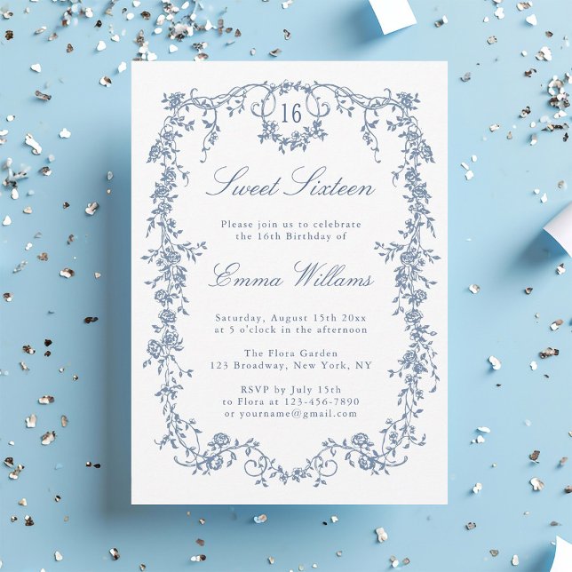 French Blue Floral Frame Sweet 16 Birthday Party  Invitation (Creator Uploaded)