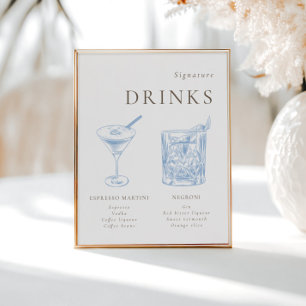 French Blue Floral Line Art Signature Drinks Poster