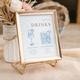 French Blue Floral Line Art Signature Drinks Poster