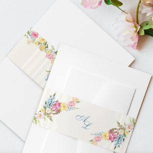 French Blue Floral Monogram Vintage Crest Wedding Invitation Belly Band