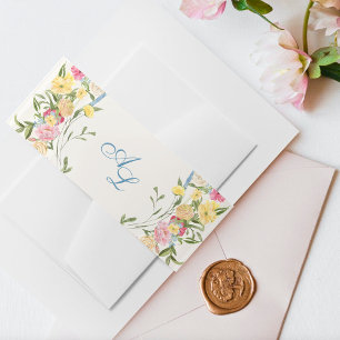 French Blue Floral Monogram Vintage Crest Wedding Invitation Belly Band