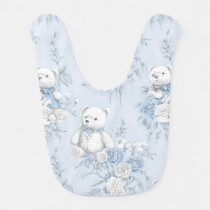 French blue floral ornament and bear baby bib