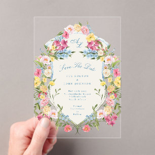 French Blue Floral Vintage Crest Save The date