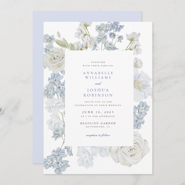 French Blue Florals Wedding Invitation (Front/Back)