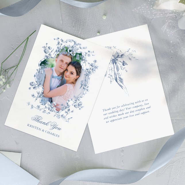 French Blue Flowers & Ribbons Wedding Photo Thank You Card (Creator Uploaded)