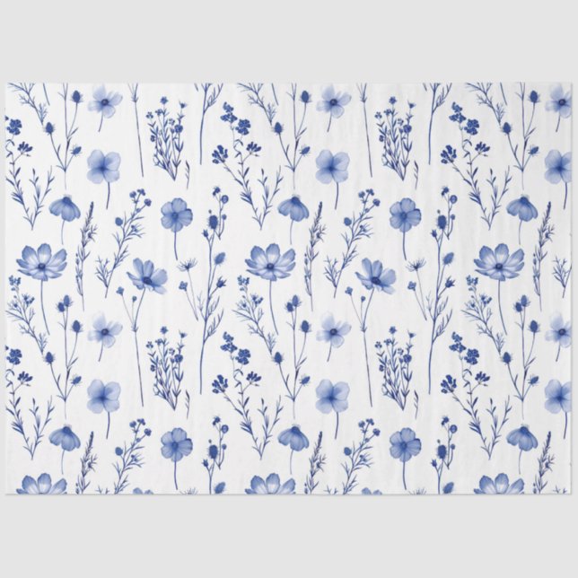 French Blue Garden Wildflowers Pattern Tissue Paper (Front)