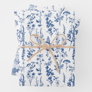 French Blue Garden Wildflowers Pattern Wrapping Paper Sheets