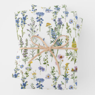French Blue Garden Wildflowers Pattern Wrapping Paper Sheets