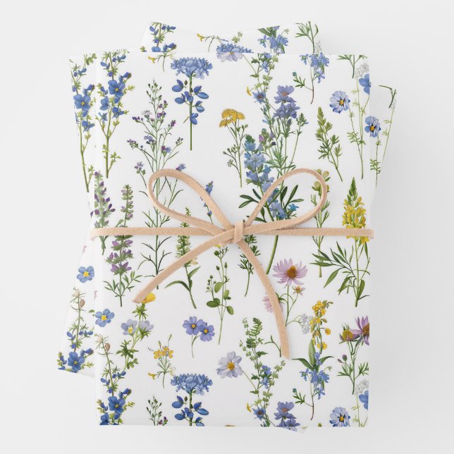 French Blue Garden Wildflowers Pattern Wrapping Paper Sheets (In situ)